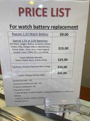 Reasonable prices for watxh battery replacement