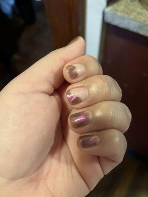 Gel nail polish lifted at the cuticles and were lifting when I showered at day 6. No washing dishes/using harsh Chemicals