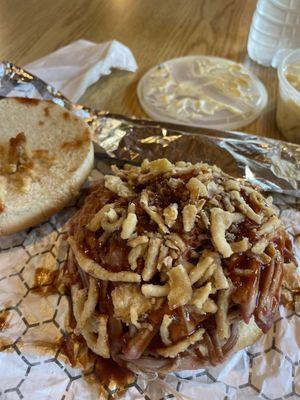 Inside the giant sized pork Sammie with crunchy onions.