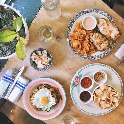 from left to right, Nasi Goreng, Kerupuk Sambal, Ayam Goreng Sandwich