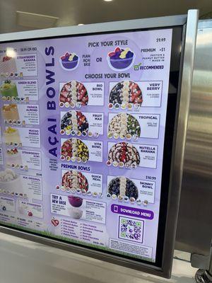 Açaí bowl menu