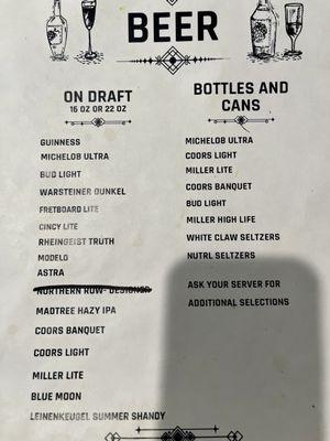 Beer menu as of 5/15/2024