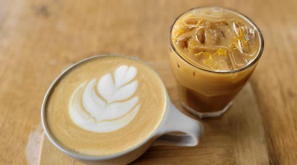 latte flight: hot caramel miso + iced maple lavender