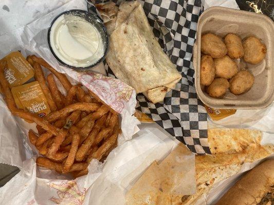 Sweet Potato Fries , burrito, 10 Mac Bites