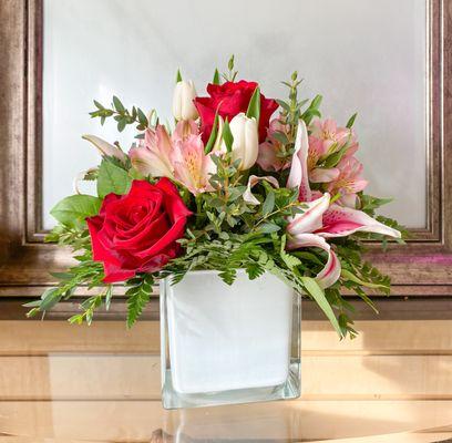 Valentines arrangement with red roses and stargazer lilies