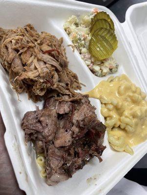 Lunch special- pulled pork, beef ends, mack$cheese and Potato salad Olivye with homemade cucumbers