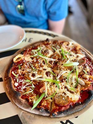 The Funky Baller Pizza with meatball, kimchi, scallion, mozzarella, and Parmesan! IG: @betterwithju