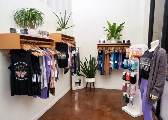 Our retail area of the studio- we sell Beyond Yoga, Spiritual Gangster, Varley & more!