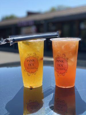 Mango Passion Jasmine Tea on the left and Peach Strawberry Oolong Tea on the right