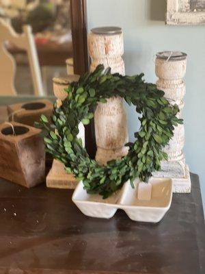 Box Wood Wreath $18 and Wood Candle Stands,Set Of 3 $56.00 small single sugar mold $10