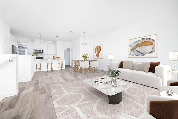 Virtually staged: Gorgeous living room/kitchen with views at Raintree Court