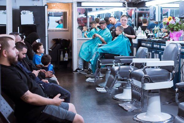 Interior view of barber shop.