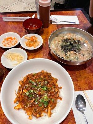 3 banchans, soup for each, Belly Squid Dupbap and Manduguk