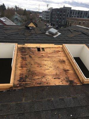 Roof damage at the skylights