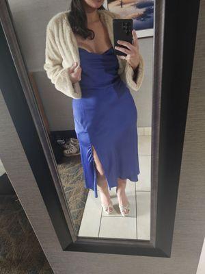 Indigo gala dress with a faux fur cream cropped jacket and gold steve madden heels