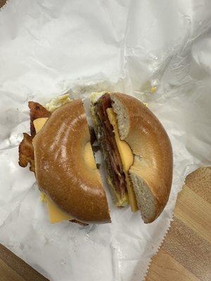 Bacon, Sausage, Egg, cheese bagel