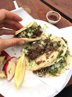 Yum! Fresh tacos hot house made sauce.  Radishes and lemon