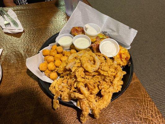 Onion rings, cheese nuggets, and potato skins