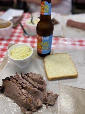 Brisket , Moist, Potato Salad, beer, white bread