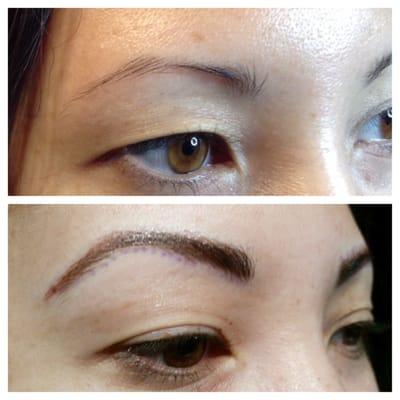 Brow feathering technique, semi permanent makeup