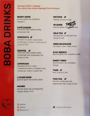 Boba Drink Menu