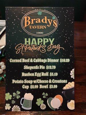 St. Patrick's Day menu