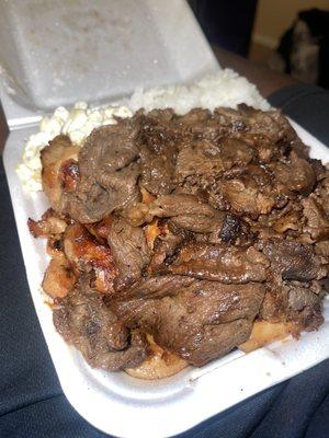 Chicken & beef combo + rice + Mac salad