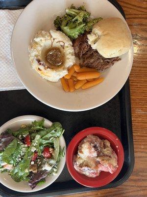 Lunch plate. Pot Roast Special and Strawberry Cream Cheese Bread Pudding.