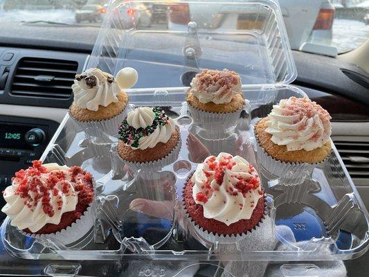 Red velvet cupcake, strawberry shortcake cupcakes, chocolate chip cupcakes