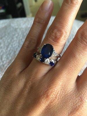 Diamond and Sapphire band. 3 stone sapphire and diamond ring.