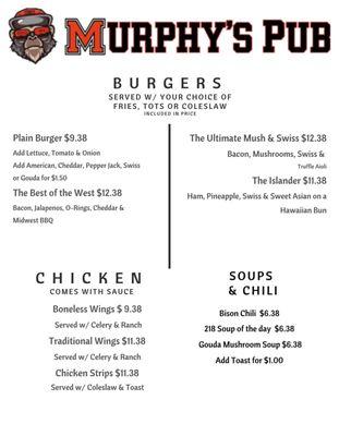 Menu
 Burgers, CHicken , Soups @ CHili