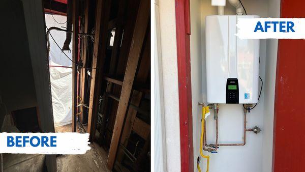 Before and After: Water heater burst; upgraded to tankless