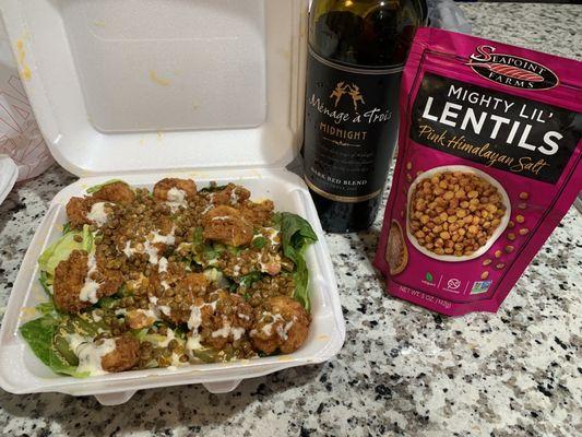 Hook's shrimp salad, with ranch dressing. I added the lentils, and wine (not from that other store, I reviewed.. ).. ..