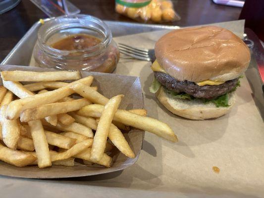 Crafty burger, fries and beans.