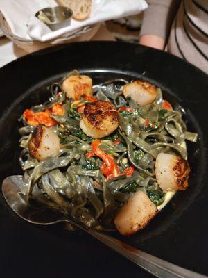 Scallops over Black Fettuccini