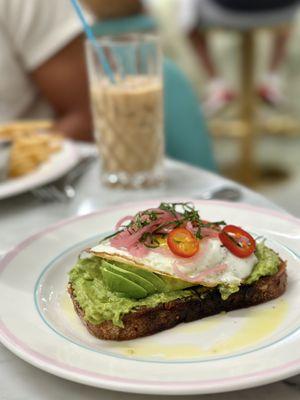 Avocado toast with an egg, $21+3