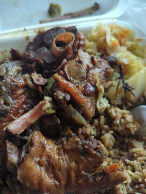 Stewed turkey, rice and peas, cabbage