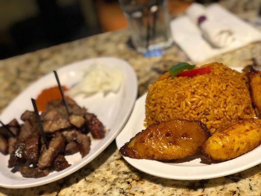 Nigerian jollof, plantains and side of Beef Suya