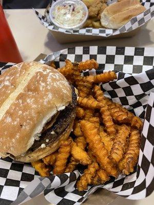 Bleu cheese bacon burger and sweet potato fries