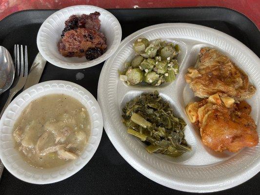 Lasagna, baked chicken, okra, collard greens, chicken and noodle/dumpling, blackberry cobbler.