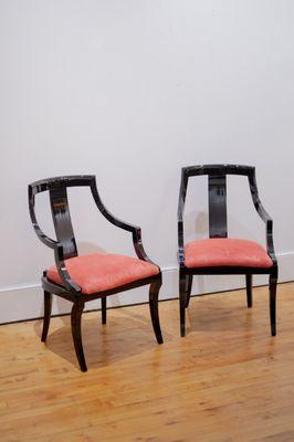 Pair of Black Lacquer Italian Horseshoe Chairs with Red Velvet Seats