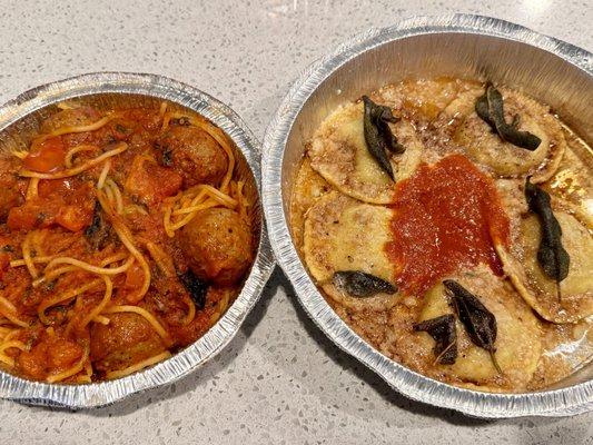 Speghetti & meatballs and sage Ravioli Al Burro e Salvia