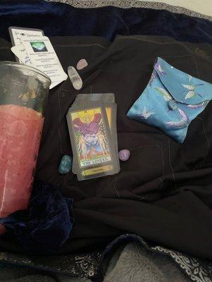 pouch 4 crystals safety, the 1st candle I ever purchased, 1 clear quartz. 1 Huge TY to Grace