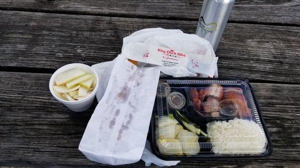 BBQ trio, pickled vegetables trio, and bread sticks. Came with three sauces, pickled cucumber, and napa cabbage.