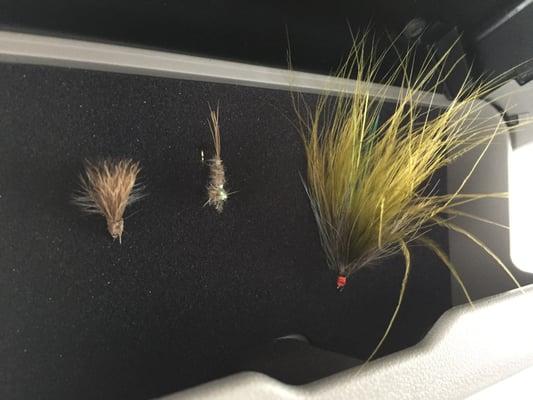 Three flies tied in beginners class- elk hair caddis, hare's ear nymph and soft hackle streamer