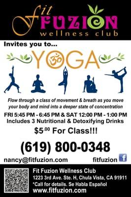 yoga class wed at 6:15-7pm and sat 12pm