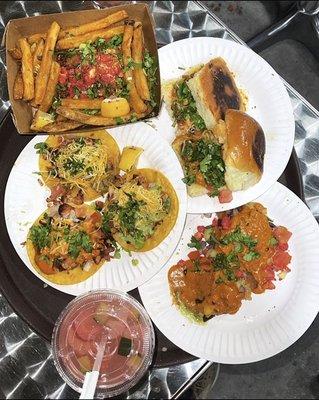 Sliders, tikka tacos, samosa chaat, sloppy fried, and Fresca Pani ( Watermelon Chia and Cucumber Strawberry Limeade )