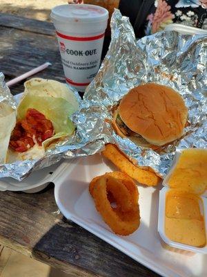 BBQ Chicken tray with a side of onion rings and a bacon wrap with a cheerwine float