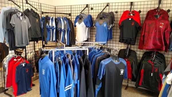 In addition to custom embroidery, we offer a wide selection of in-stock spirit-wear apparel for local schools.