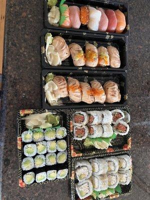 Omakase, salmon aburi, spicy tuna roll, California roll and avocado roll. All delicious!